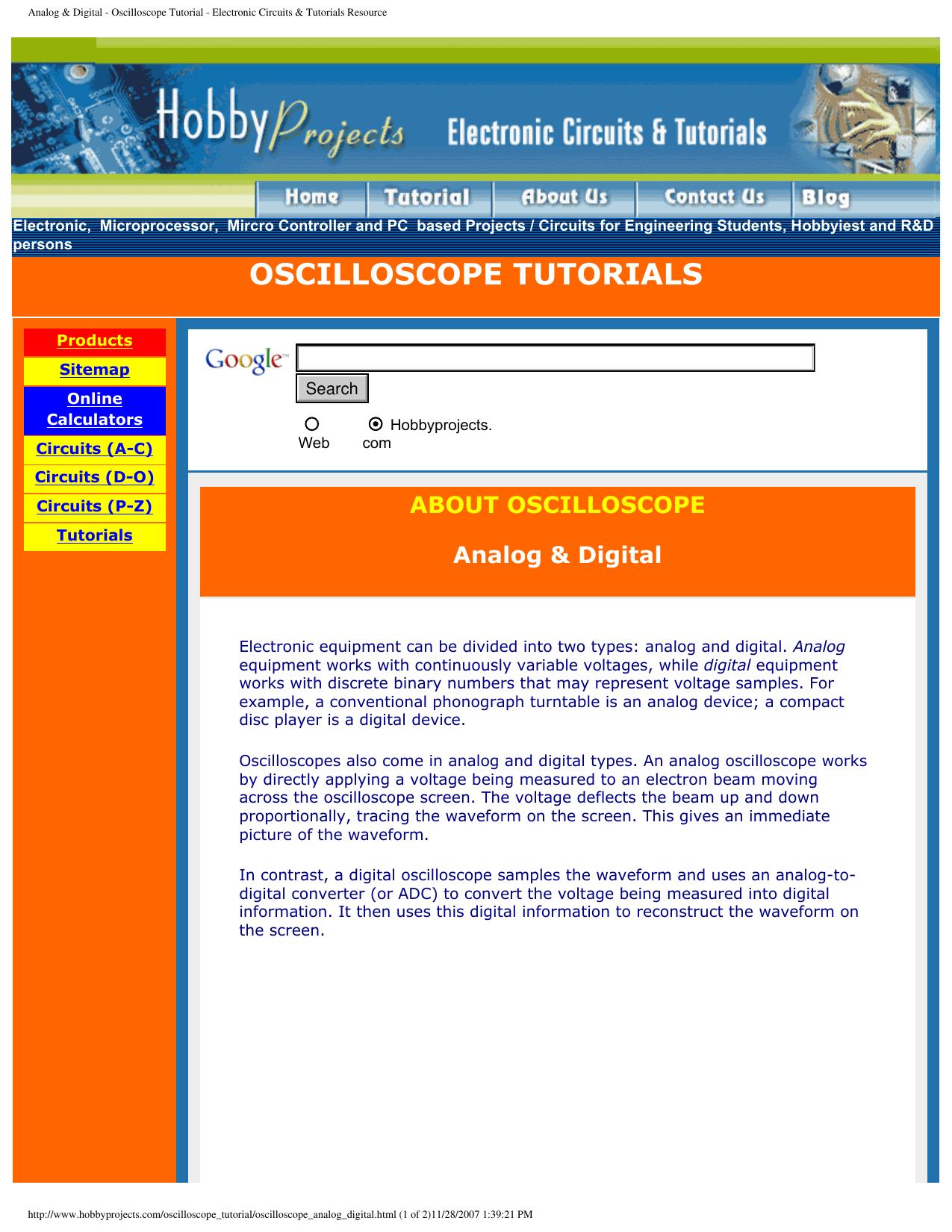 Analog & Digital - Oscilloscope Tutorial - Electronic Circuits & Tutorials Resource